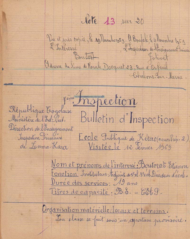 Page scannée du cahier d'inspection