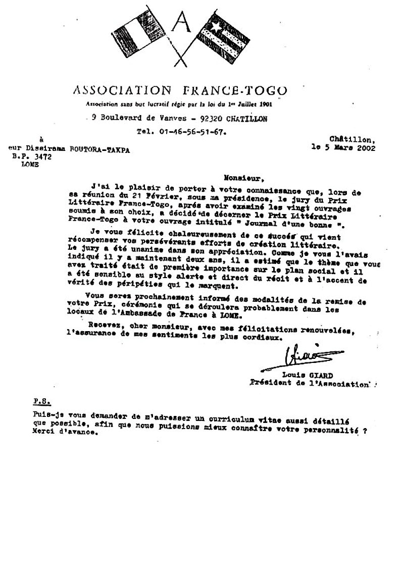 Lettre d'information du Président de l'Association France-Togo